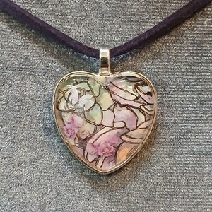 Heart Floral Glass Pendant Necklace in Purple and Pastel Hues